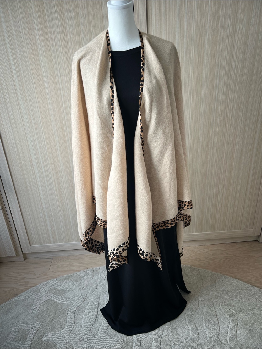 Tan 100% Alpaca Wrap w silk Cheetah border